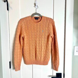 Ralph Lauren Muted Orange Cable-Knit Crew Neck Fisherman Sweater Preppy Logo L